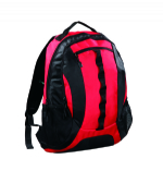 Red and back media headphone access hole backpack