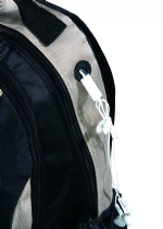 Red and back media headphone access hole backpack